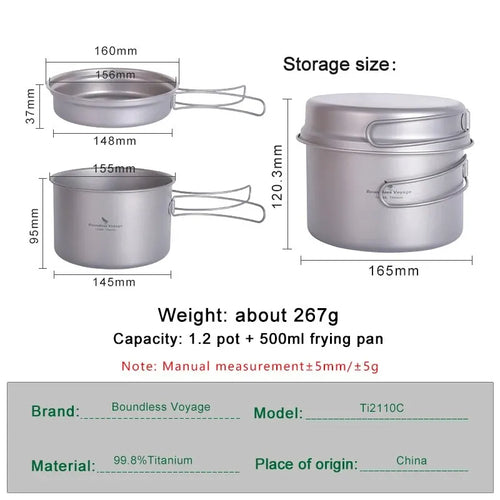 Boundless Voyage Titanium Pot Pan Set with Folding Handles Camping Cookware Hiking