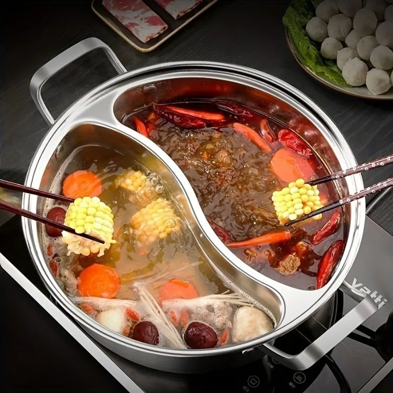 Covered 12.2-inch Dual Flavor Hot Pot Integrated Mandarin Duck Pot Thickened Home Use Chinese Hotpot Stainless Steel Double