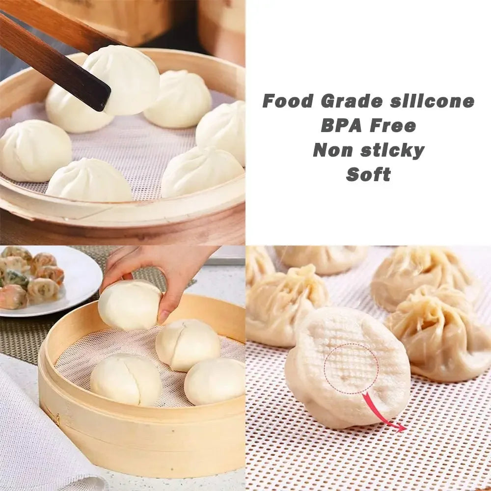 4Pcs Silicone Steamer Mesh Mat Reusable Steamer Paper Liner Round Dim Sum Mesh Non-Stick Mesh Mat Pad for Buns Dumpling Baking