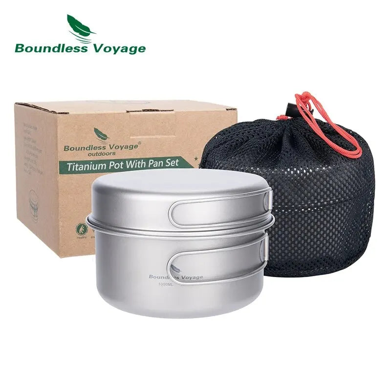 Boundless Voyage Titanium Pot Pan Set with Folding Handles Camping Cookware Hiking